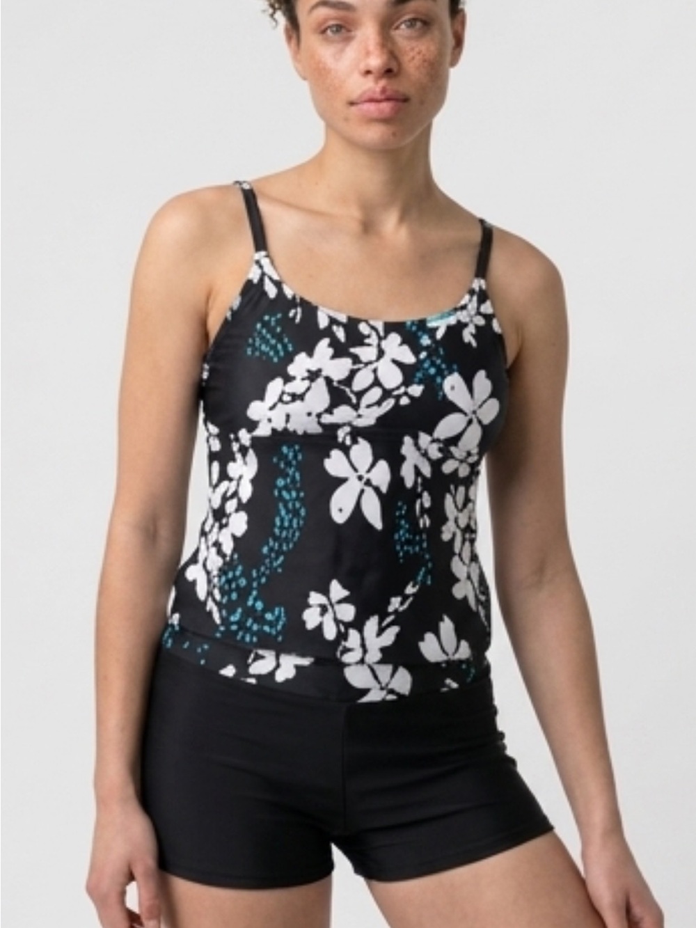 Floral Print 2 PC Bathing Suit with Blue, WhiteAnd Black Accents - Woman’s